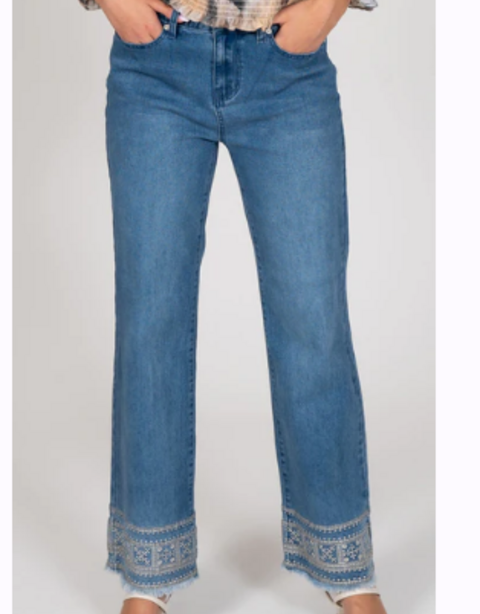 GG Jeans GG Jeans Med Blue Wash Straight Leg Embroidered  Hem Detail