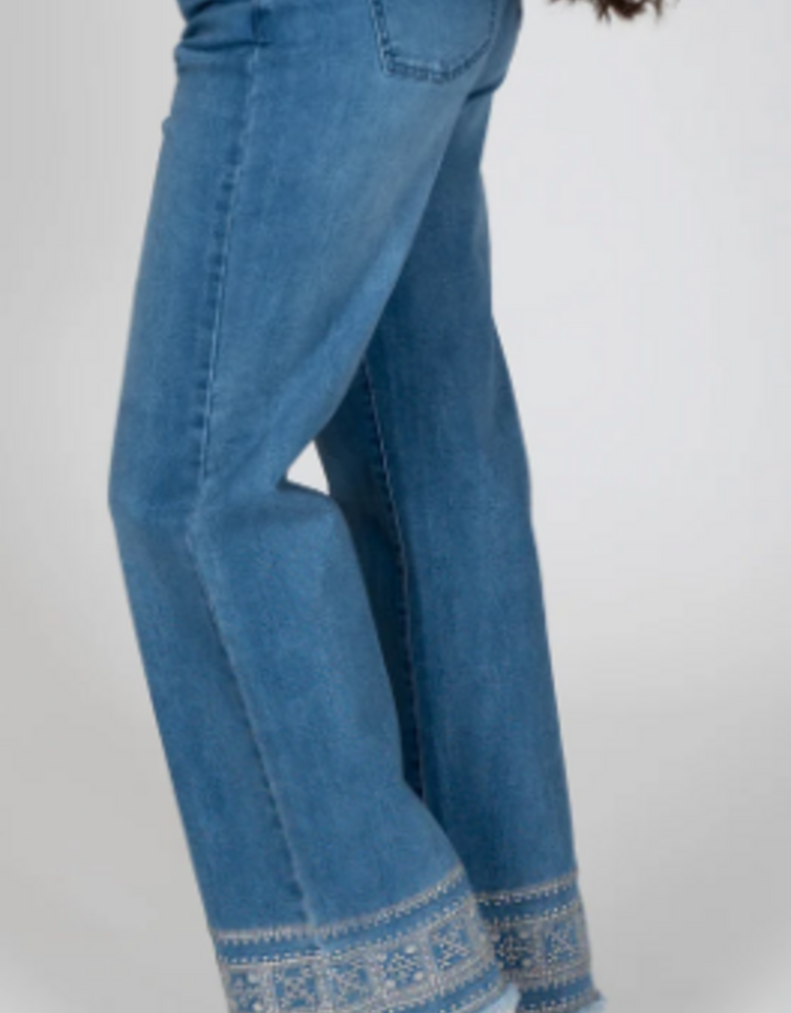 GG Jeans GG Jeans Med Blue Wash Straight Leg Embroidered  Hem Detail