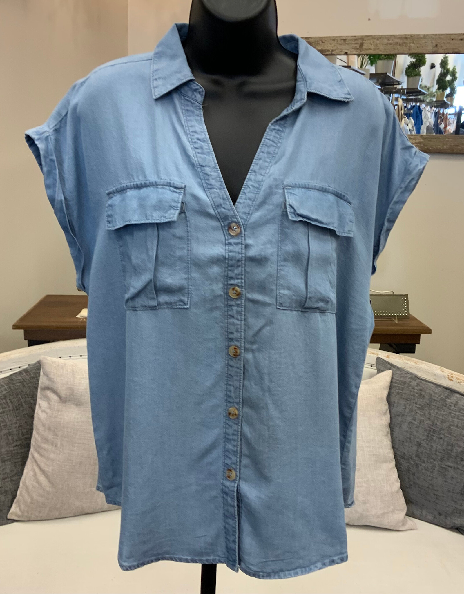 GG Jeans GG  Jeans Chambray Button Up  Short Sleeve Top