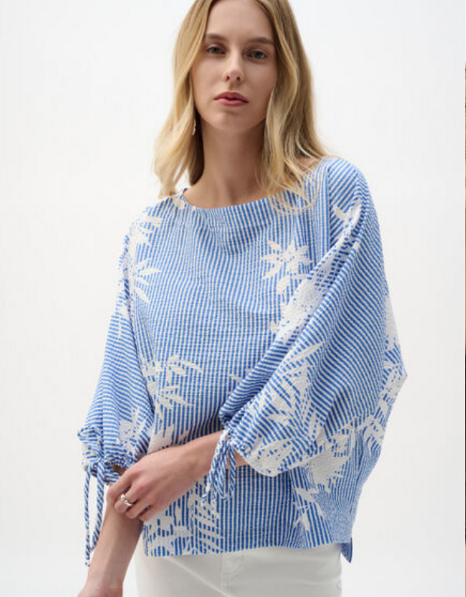 Joseph Ribkoff Joseph Ribkoff 262067 Blue/Vanilla Stripe/Floral Boat Neck Puff Sleeve Top