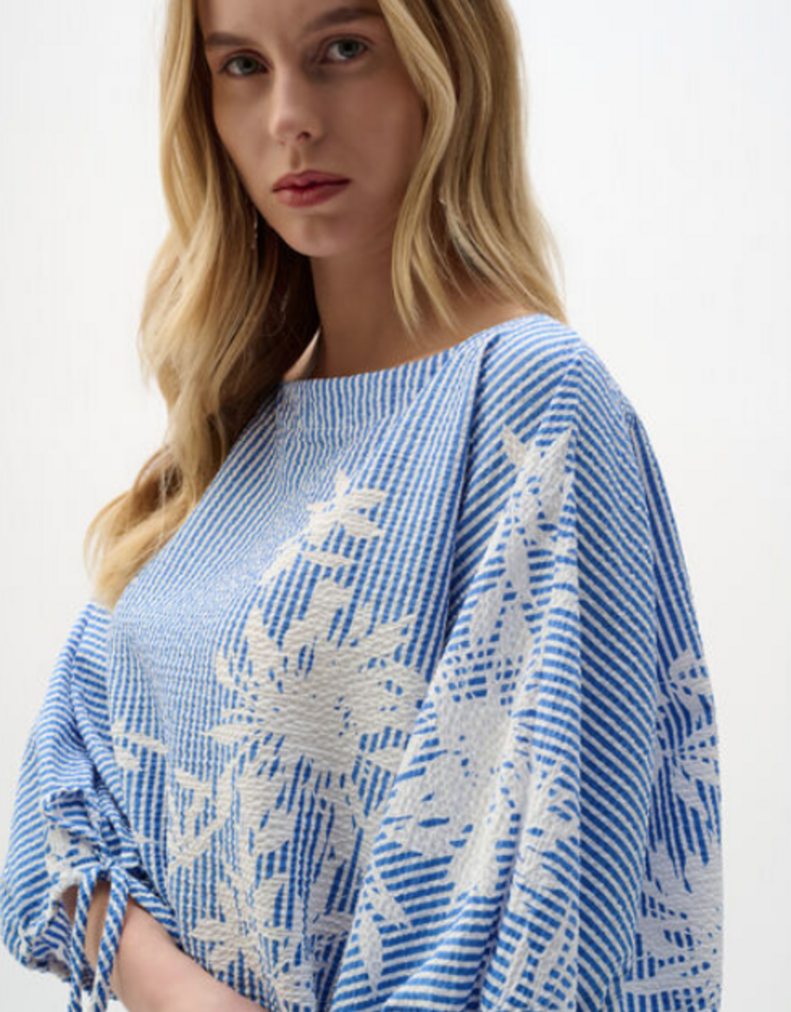 Joseph Ribkoff Joseph Ribkoff 262067 Blue/Vanilla Stripe/Floral Boat Neck Puff Sleeve Top