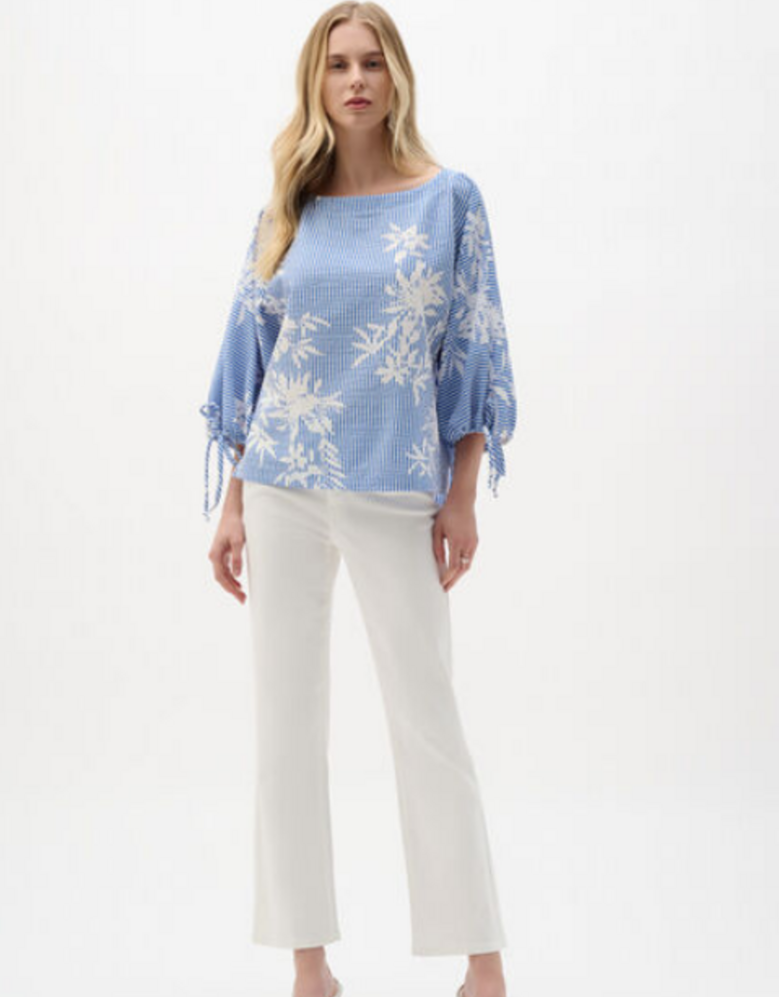 Joseph Ribkoff Joseph Ribkoff 262067 Blue/Vanilla Stripe/Floral Boat Neck Puff Sleeve Top