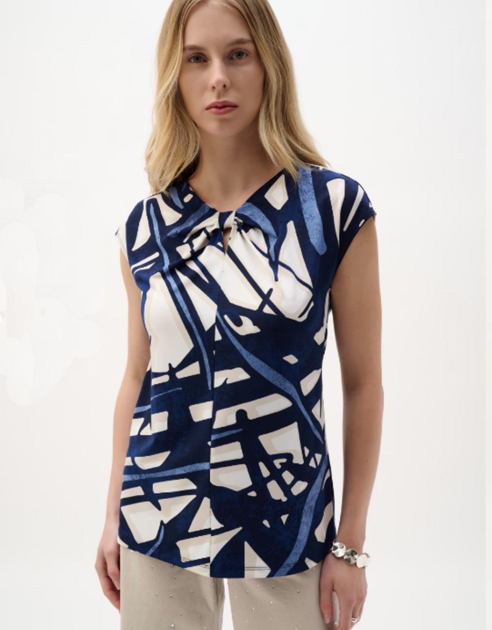 Joseph Ribkoff Joseph Ribkoff 262216 Navy/Vanilla Abstract Keyhole Neck Slvless Top