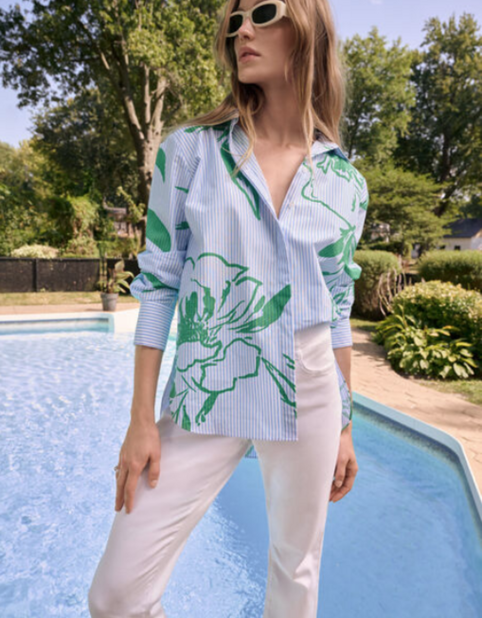 Joseph Ribkoff Joseph Ribkoff 262951 Blue/Vanilla Stripe Green Floral L/S Button Up Top