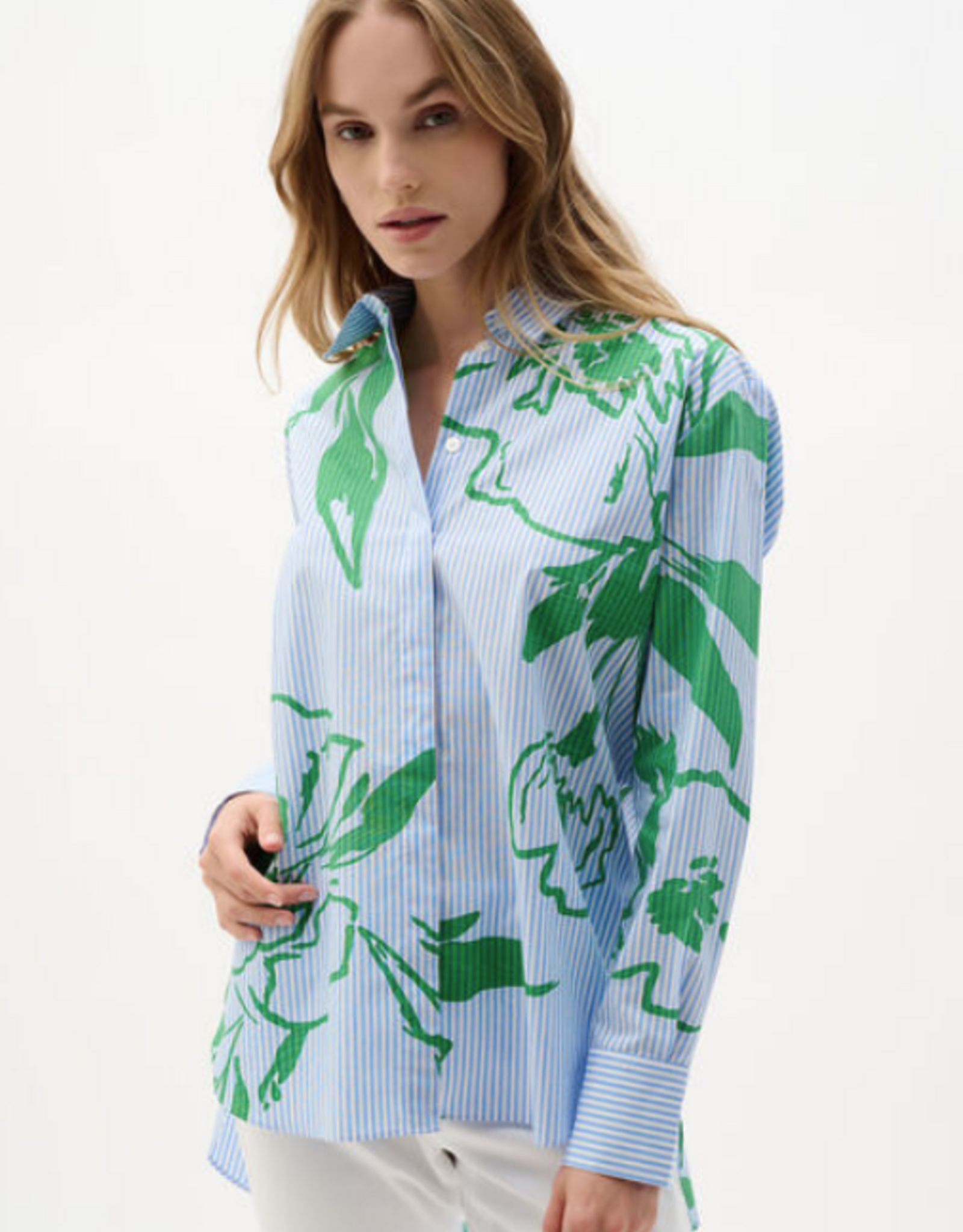 Joseph Ribkoff Joseph Ribkoff 262951 Blue/Vanilla Stripe Green Floral L/S Button Up Top