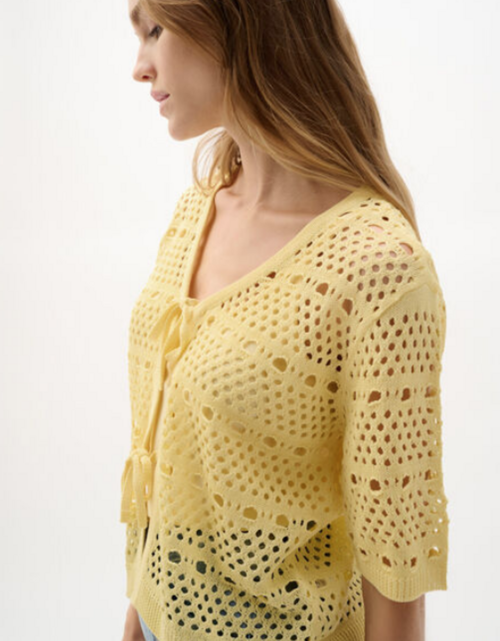 Joseph Ribkoff Joseph Ribkoff 262955 Mellow Yellow Sweater Knit Open-Stitch Cardigan