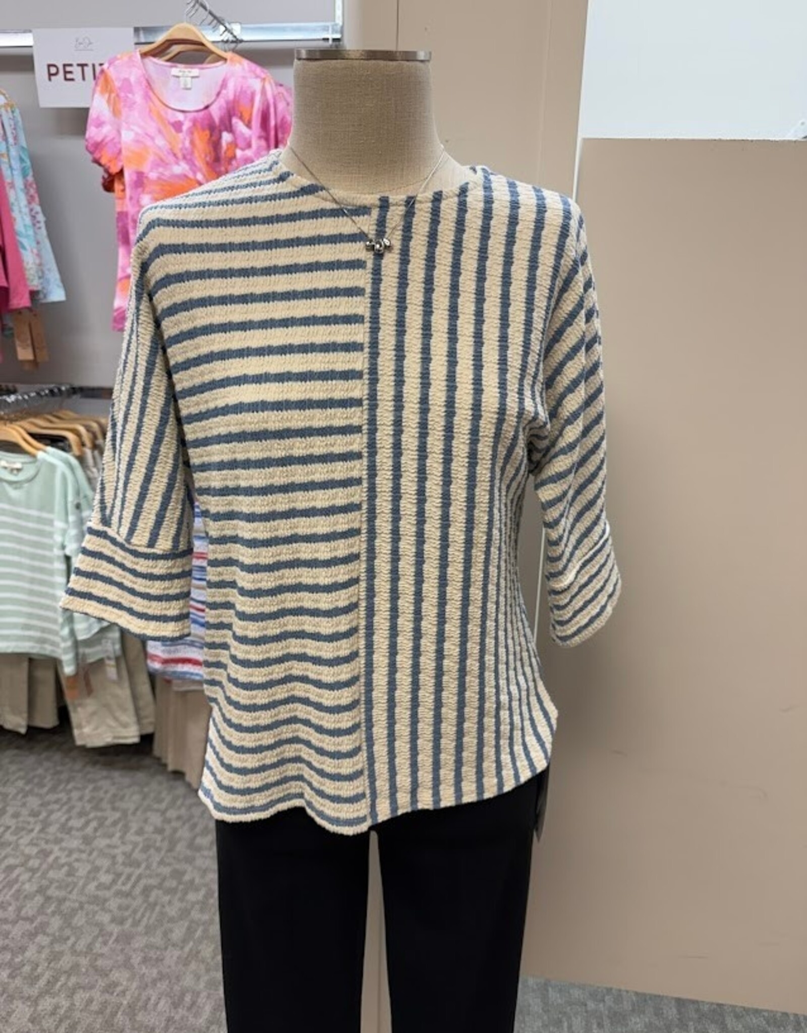 Keren Hart Keren Hart 22043 Blue/White Stripe Textured Round Neck 3/4 Sleeve Top