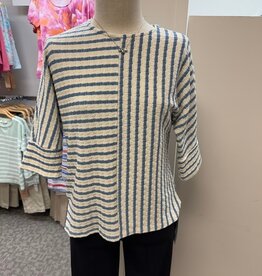 Keren Hart Keren Hart 22043 Blue/White Stripe Textured Round Neck 3/4 Sleeve Top