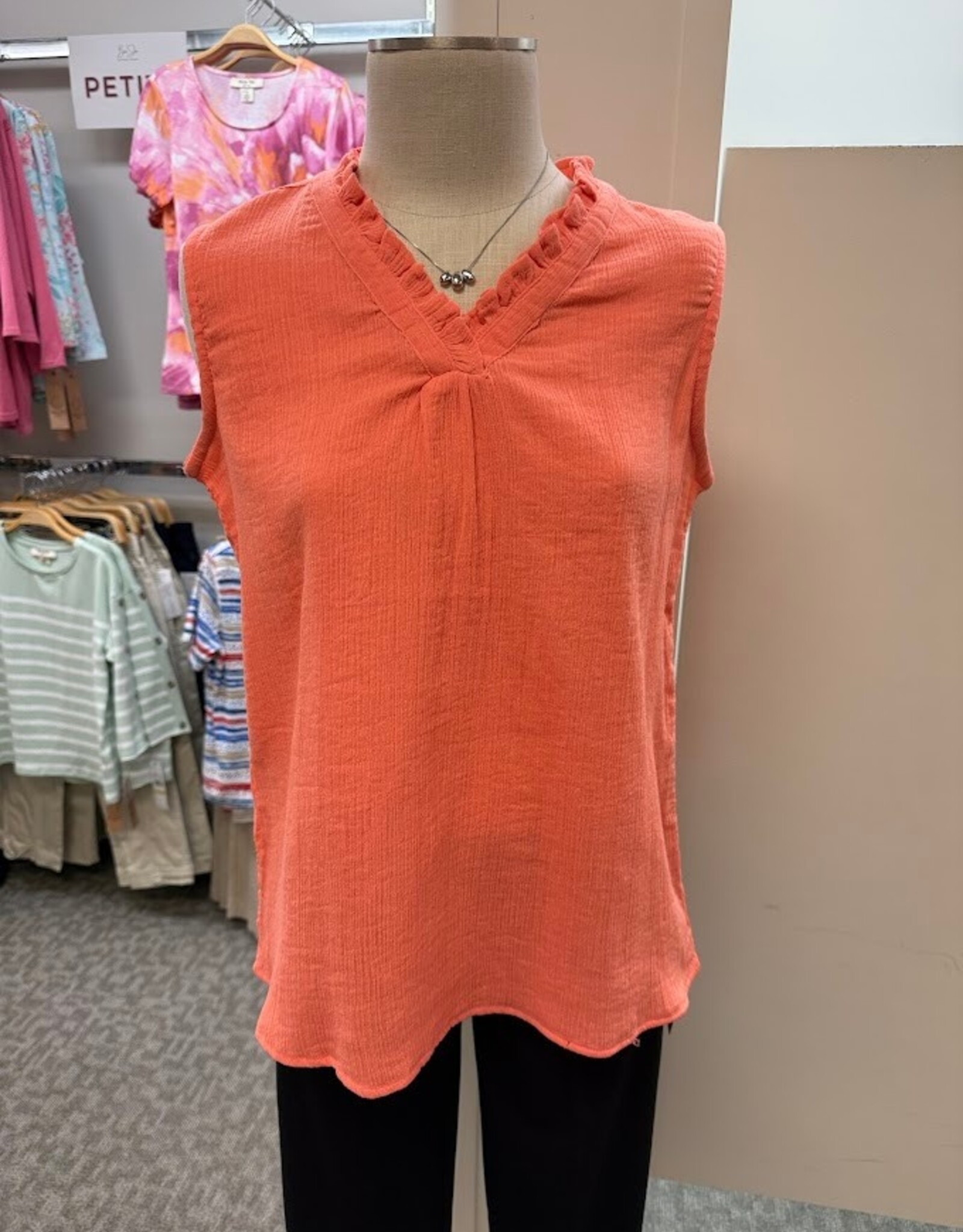 Keren Hart Keren Hart 72057 Coral Textured Ruffle V-Neck Sleeveless Top