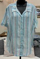N Touch N Touch White Navy Khaki Stripe Button Up Short Sleeve Top