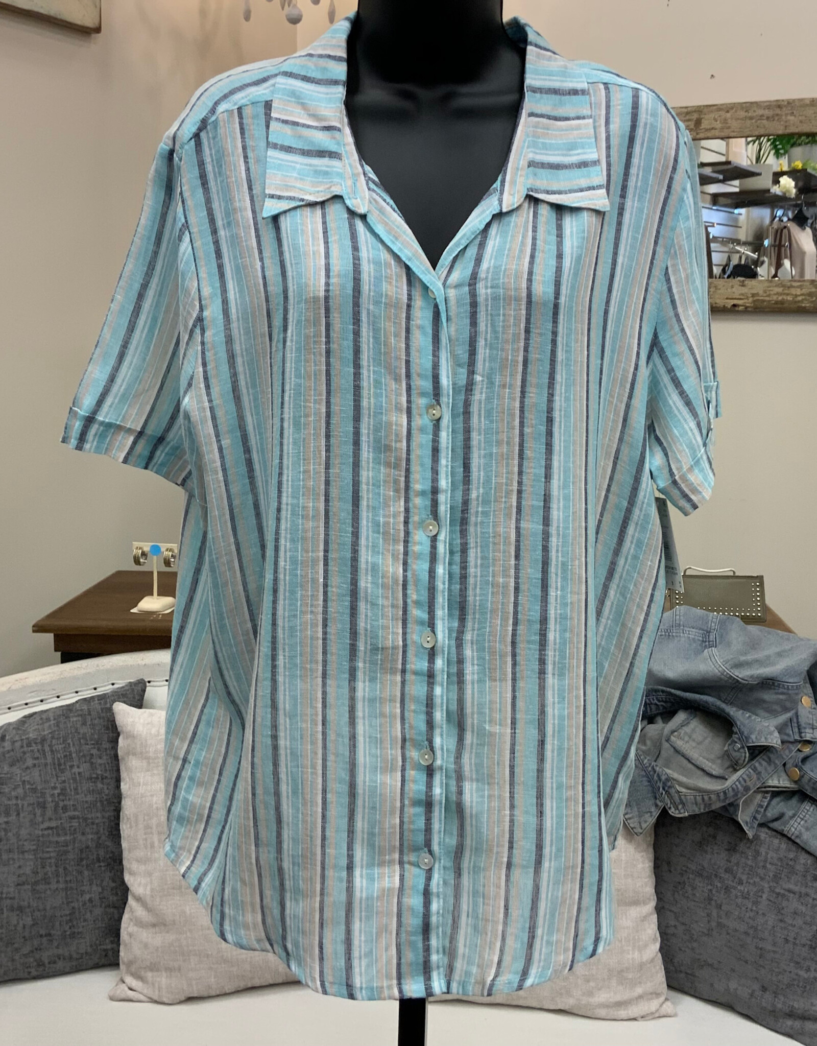 N Touch N Touch White Navy Khaki Stripe Button Up Short Sleeve Top