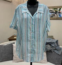 N Touch N Touch White Navy Khaki Stripe Button Up Short Sleeve Top