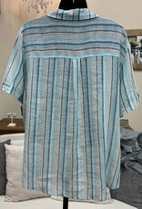 N Touch N Touch White Navy Khaki Stripe Button Up Short Sleeve Top