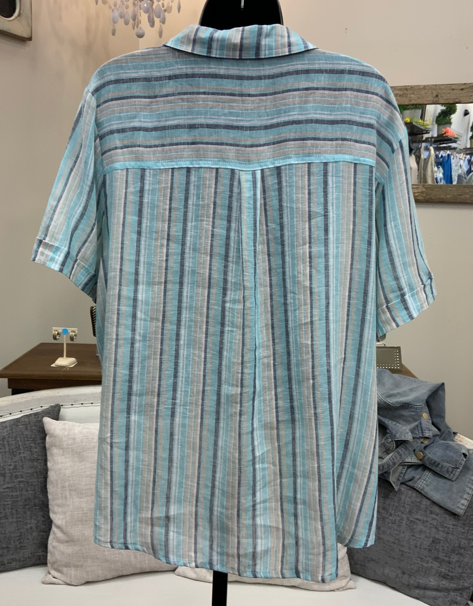 N Touch N Touch White Navy Khaki Stripe Button Up Short Sleeve Top