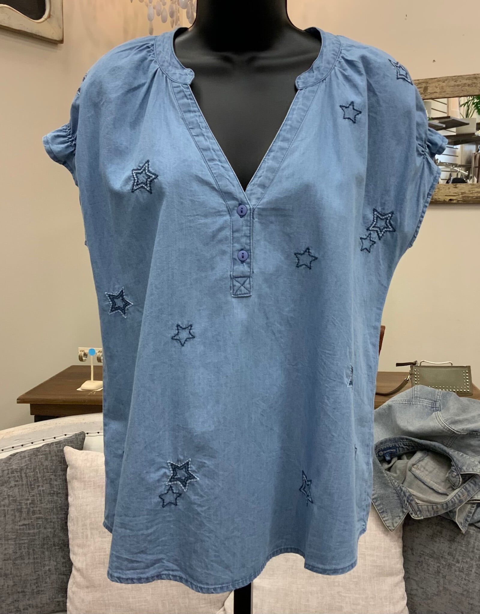 Keren Hart Keren Hart  Denim w/Embroidered Stars V-Neck Sleeveless Top