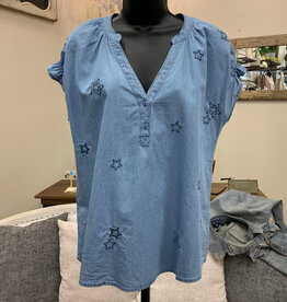 Keren Hart Keren Hart  Denim w/Embroidered Stars V-Neck Sleeveless Top