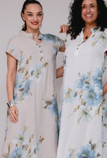 Saga Saga Sand Linen Collar Floral V-Neck w/Buttons Cap Sleeve Dress