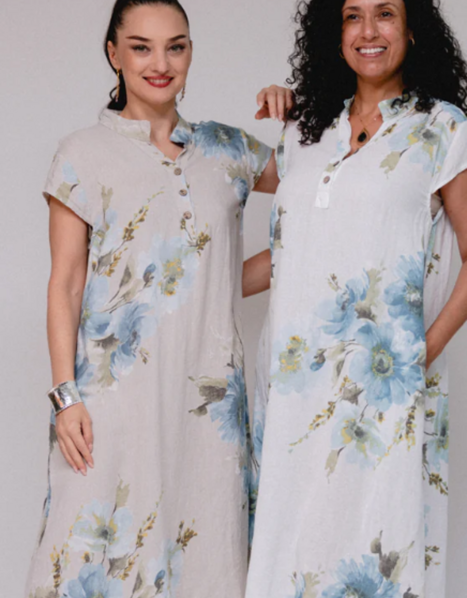 Saga Saga Sand Linen Collar Floral V-Neck w/Buttons Cap Sleeve Dress