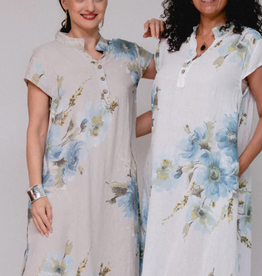 Saga Saga Sand Linen Collar Floral V-Neck w/Buttons Cap Sleeve Dress