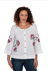 Ruby Road Ruby Road 76573 White Button-Up Round Neck L-S Top w/Floral Embroidery