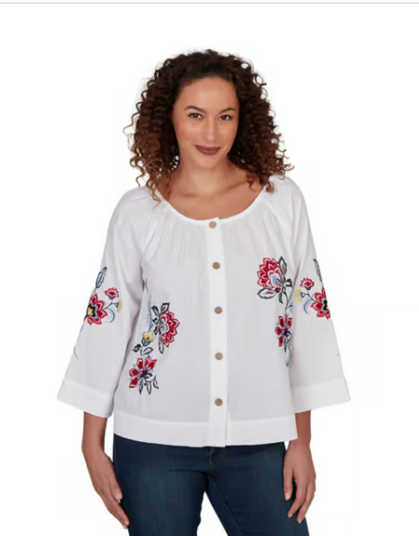Ruby Road Ruby Road 76573 White Button-Up Round Neck L-S Top w/Floral Embroidery