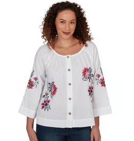 Ruby Road Ruby Road White Button-Up Round Neck L-S Top w/Floral Embroidery