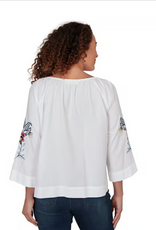 Ruby Road Ruby Road 76573 White Button-Up Round Neck L-S Top w/Floral Embroidery