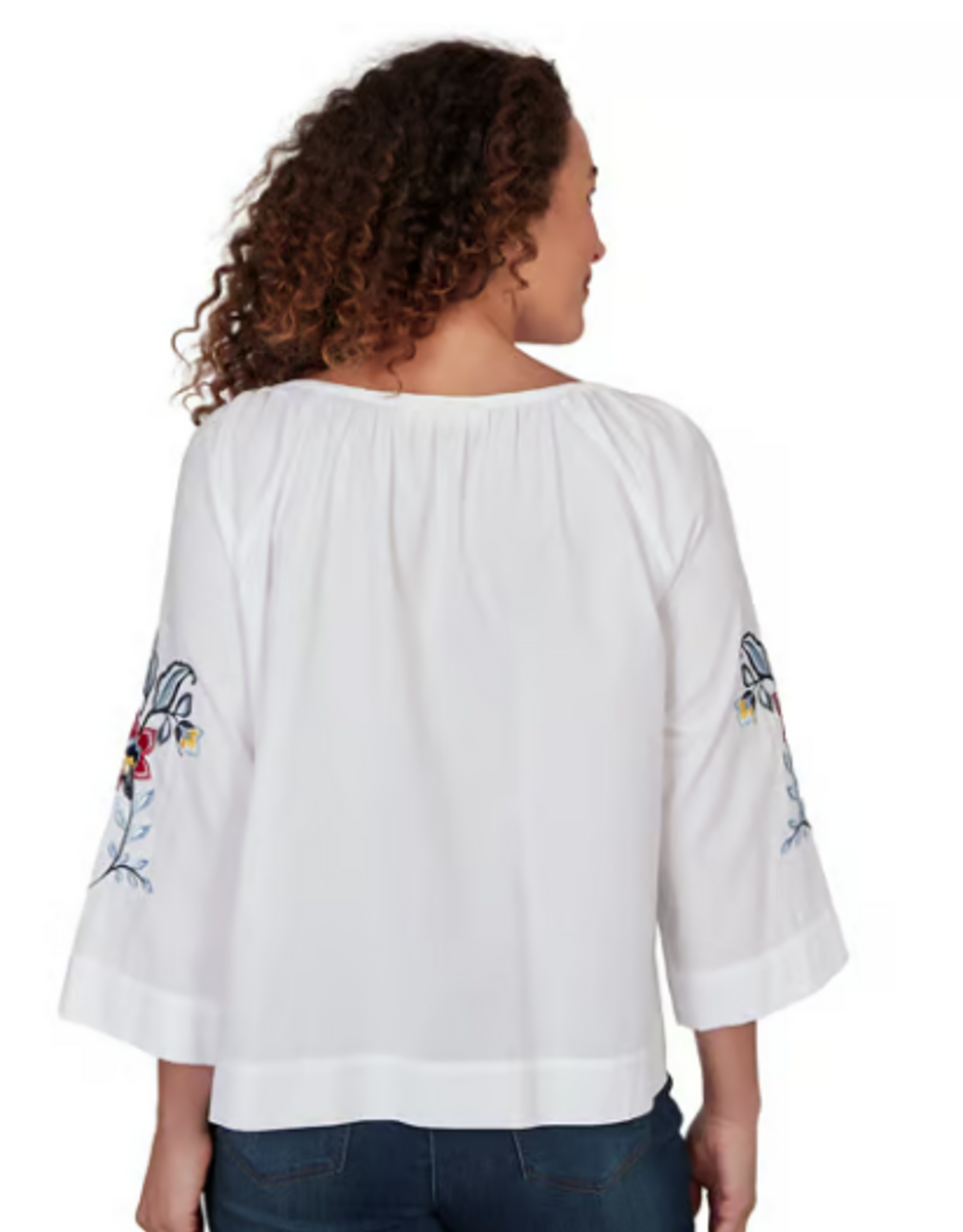 Ruby Road Ruby Road 76573 White Button-Up Round Neck L-S Top w/Floral Embroidery