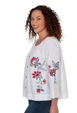 Ruby Road Ruby Road 76573 White Button-Up Round Neck L-S Top w/Floral Embroidery