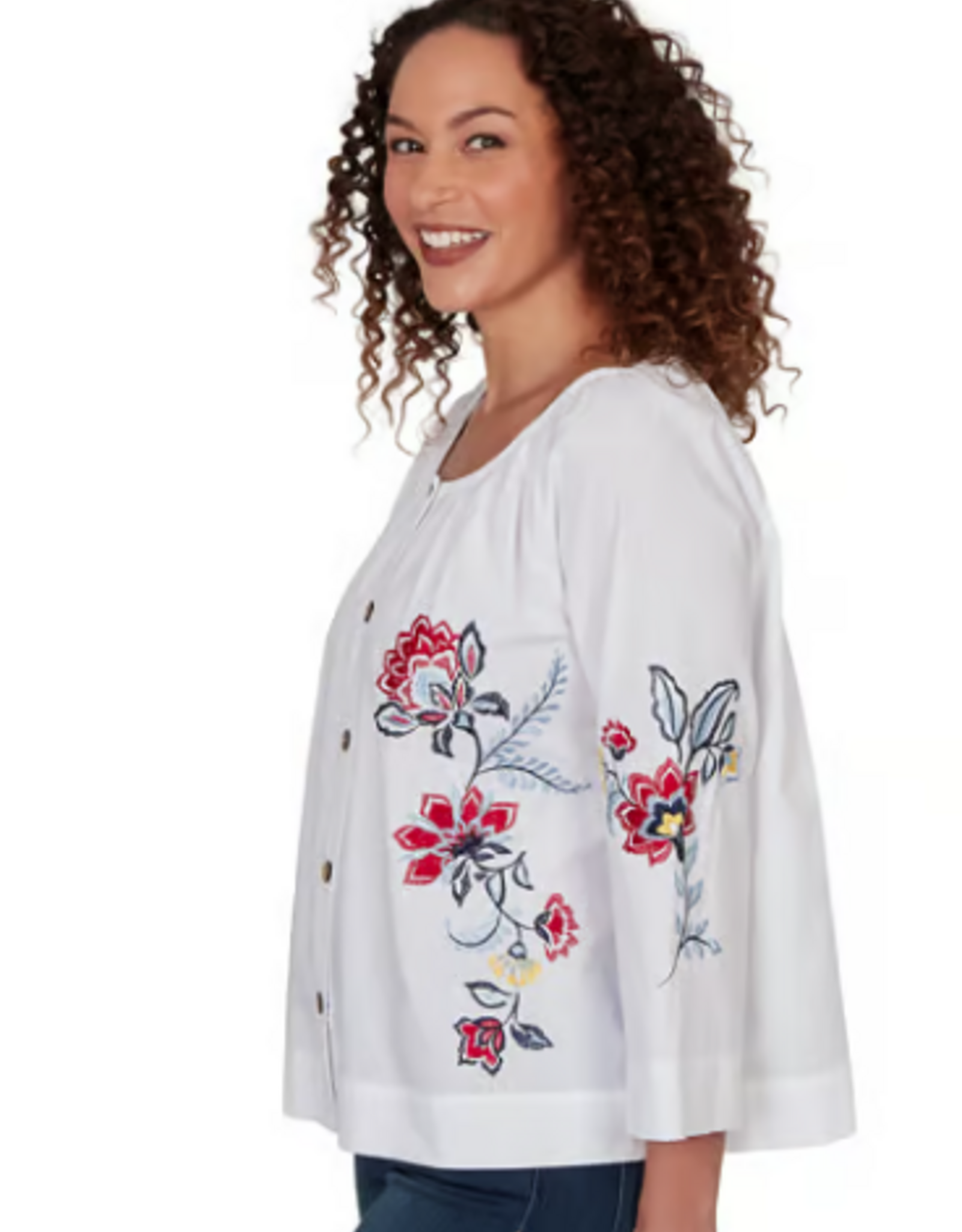 Ruby Road Ruby Road 76573 White Button-Up Round Neck L-S Top w/Floral Embroidery