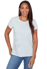 Ruby Road Ruby Road 76556 Porcelain Blue Round Neck S/S Top w/Floral Embroidery