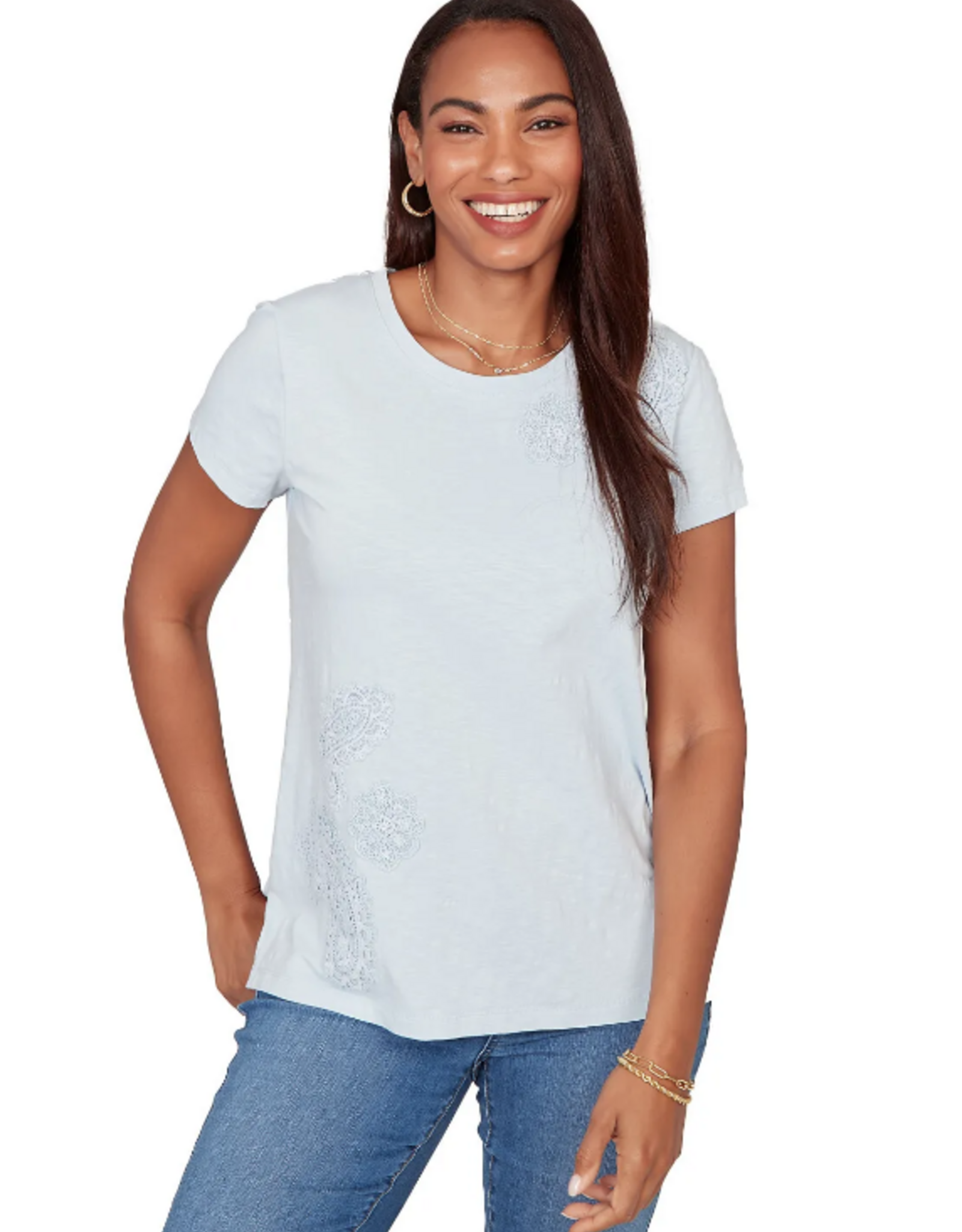 Ruby Road Ruby Road 76556 Porcelain Blue Round Neck S/S Top w/Floral Embroidery