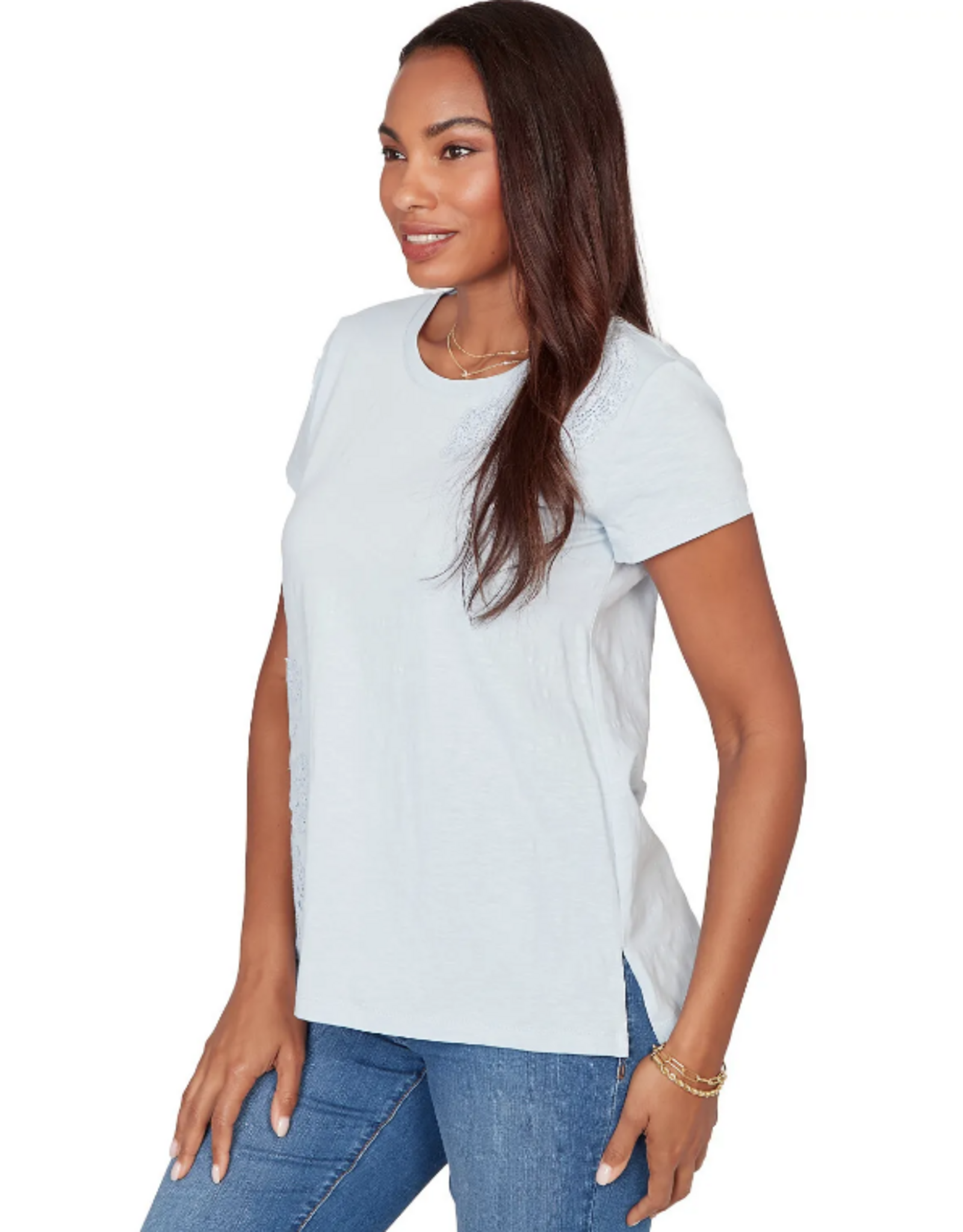 Ruby Road Ruby Road 76556 Porcelain Blue Round Neck S/S Top w/Floral Embroidery