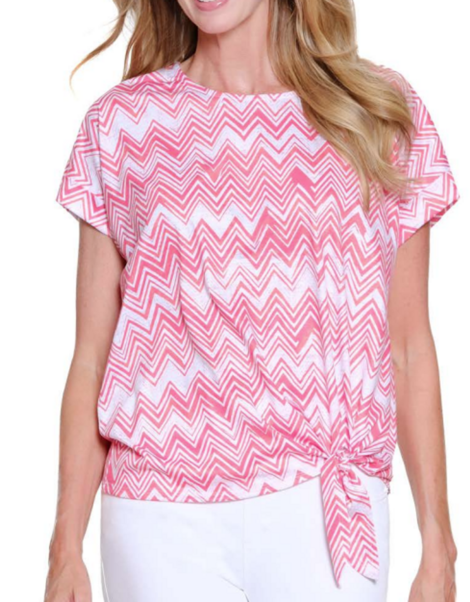 Multiples Multiples Coral Pink Chevron Print Round Neck S/S Petite Top