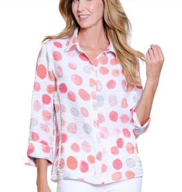 Multiples Multiples Coral Pink Circle Print Button Up L/S Petite Top