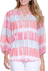 Multiples Multiples Coral Pink Split Neck 3/4 Embroidered Petite Top