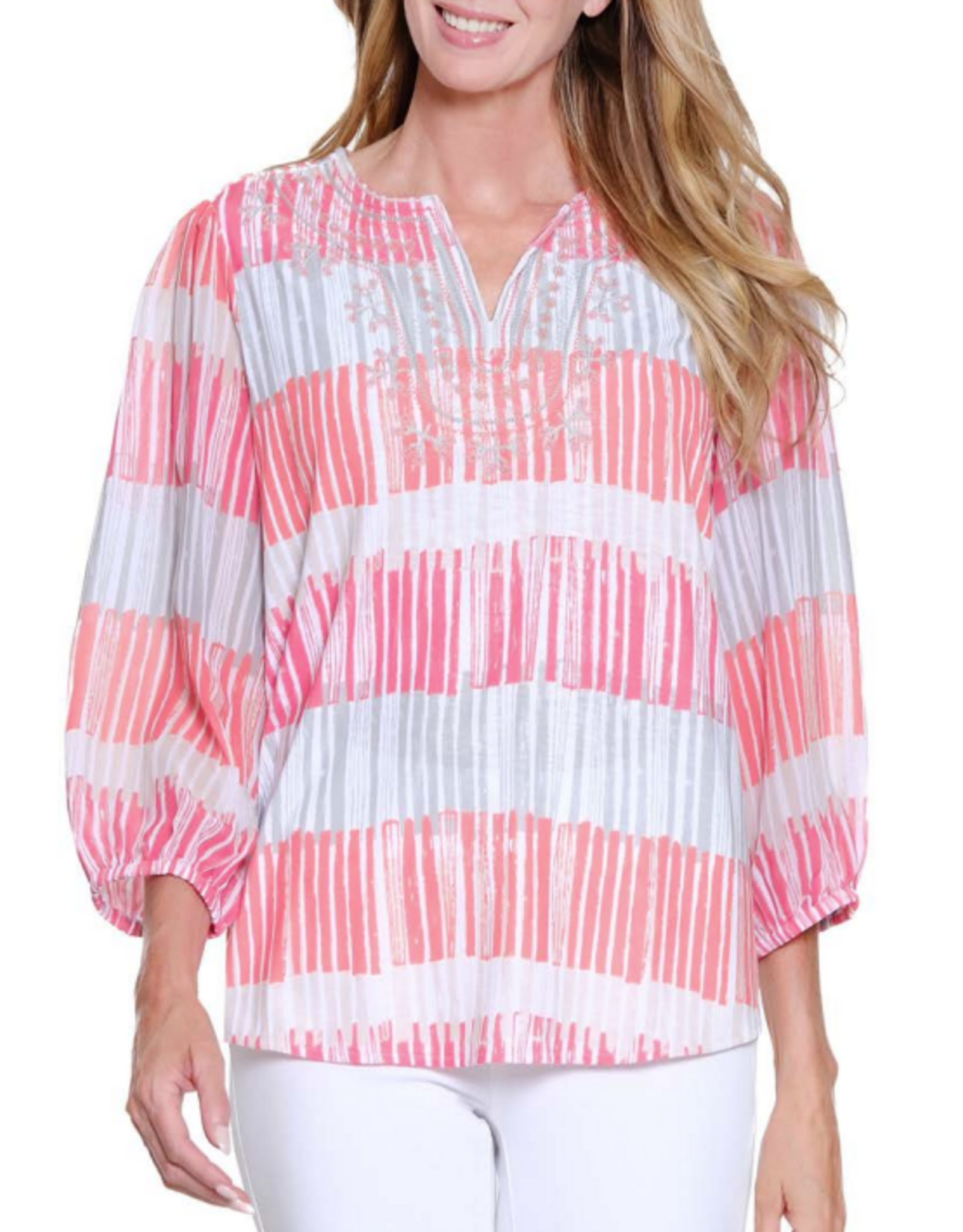 Multiples Multiples Coral Pink Split Neck 3/4 Embroidered Petite Top