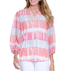 Multiples Multiples Coral Pink Split Neck 3/4 Embroidered Petite Top