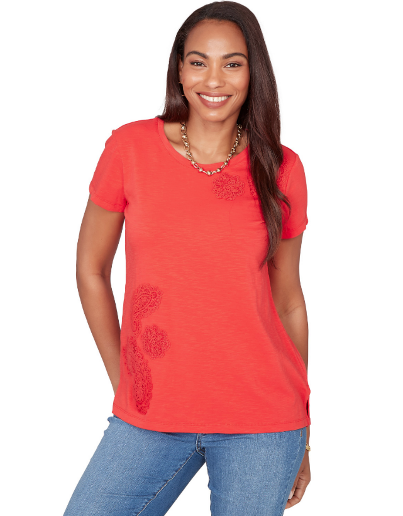 Ruby Road Ruby Road 76756 Red Petite Round Neck S/S Top w/Floral Embroidery