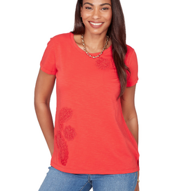Ruby Road Ruby Road Red Petite Round Neck S/S Top w/Floral Embroidery