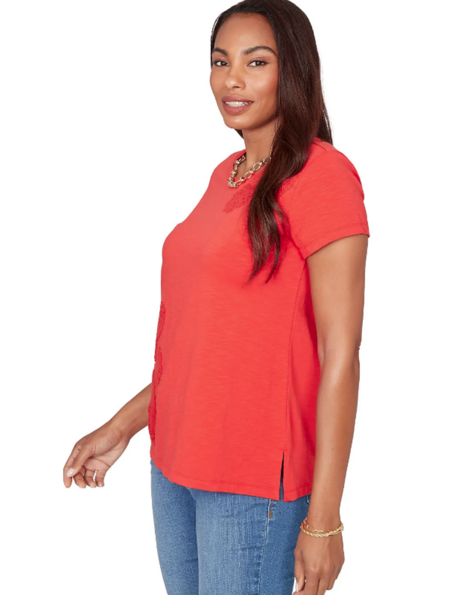 Ruby Road Ruby Road 76756 Red Petite Round Neck S/S Top w/Floral Embroidery