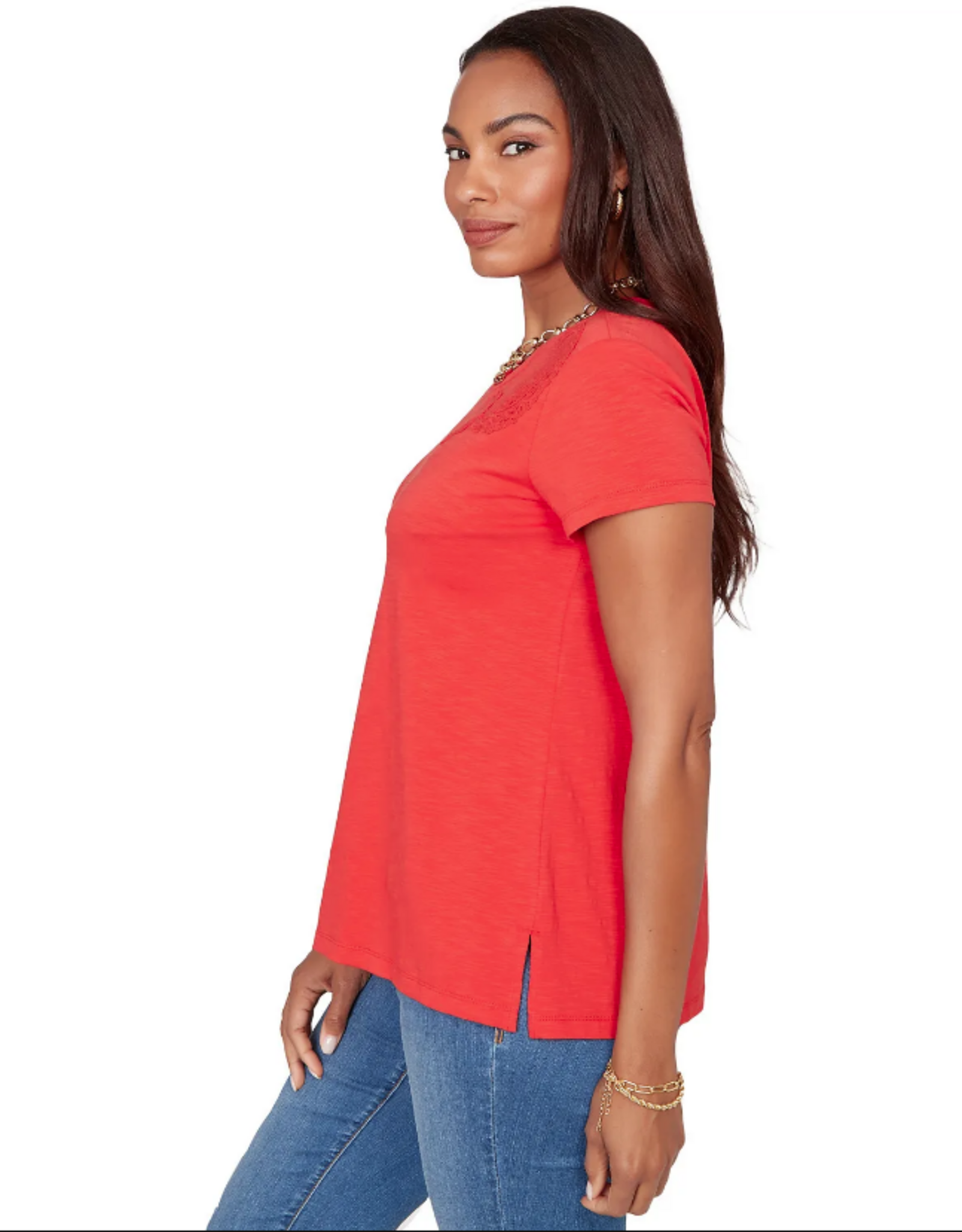 Ruby Road Ruby Road 76756 Red Petite Round Neck S/S Top w/Floral Embroidery