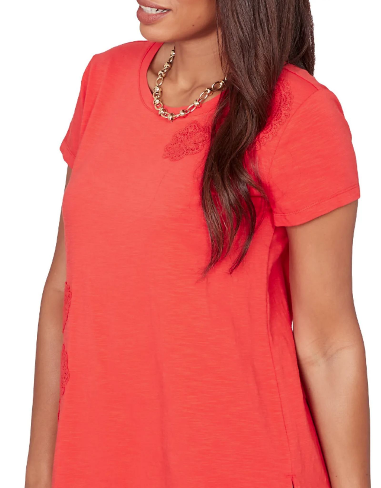 Ruby Road Ruby Road 76756 Red Petite Round Neck S/S Top w/Floral Embroidery