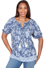 Ruby Road Ruby Road 76751 Navy Floral Petite Key Hole Neck w/Tassels Elastic S/S Top