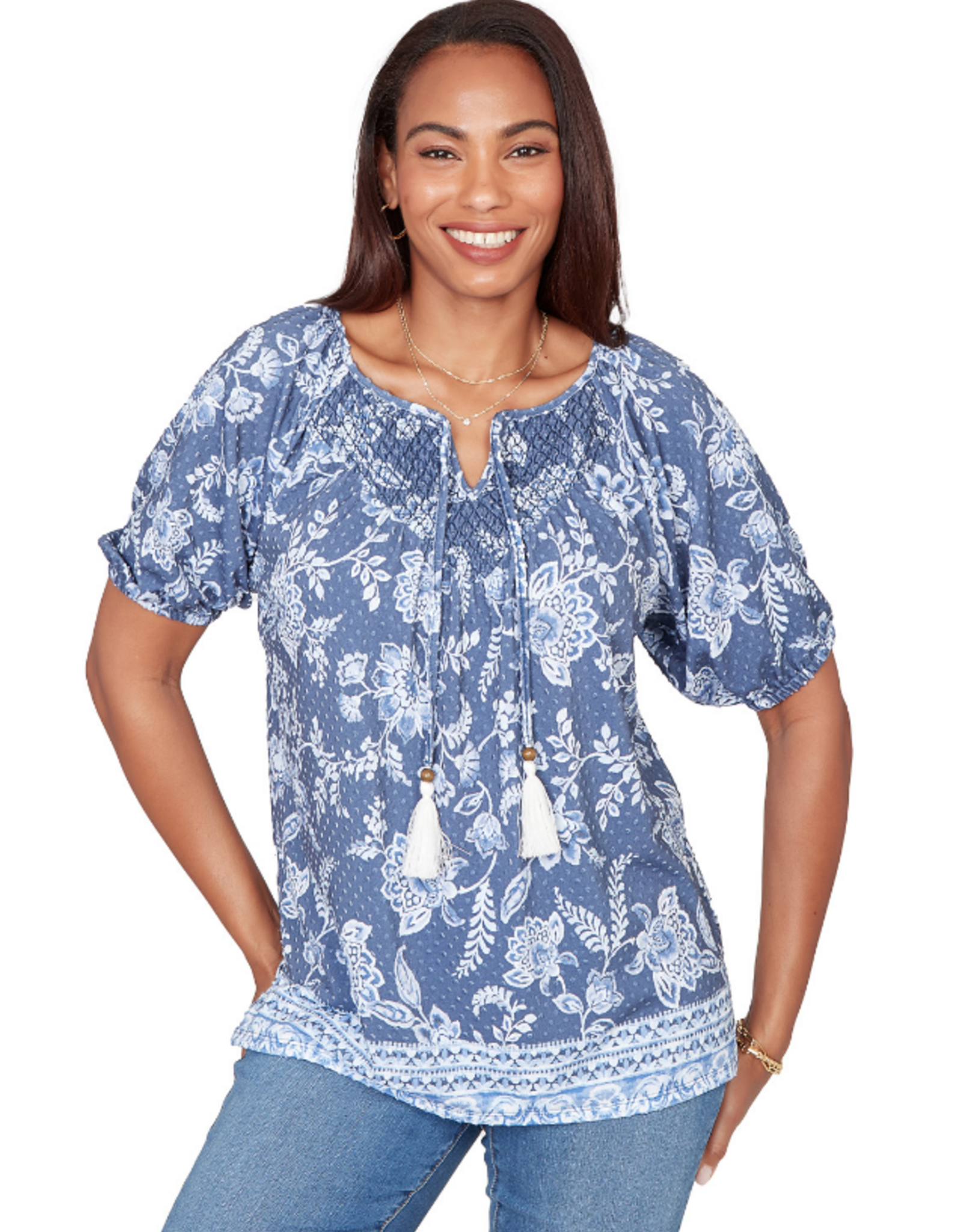 Ruby Road Ruby Road 76751 Navy Floral Petite Key Hole Neck w/Tassels Elastic S/S Top