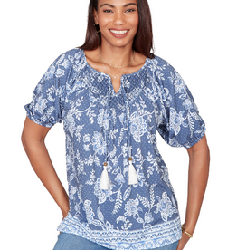 Ruby Road Ruby Road  Navy Floral Petite Key Hole Neck w/Tassels Elastic S/S Top