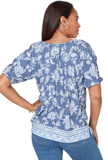 Ruby Road Ruby Road 76751 Navy Floral Petite Key Hole Neck w/Tassels Elastic S/S Top