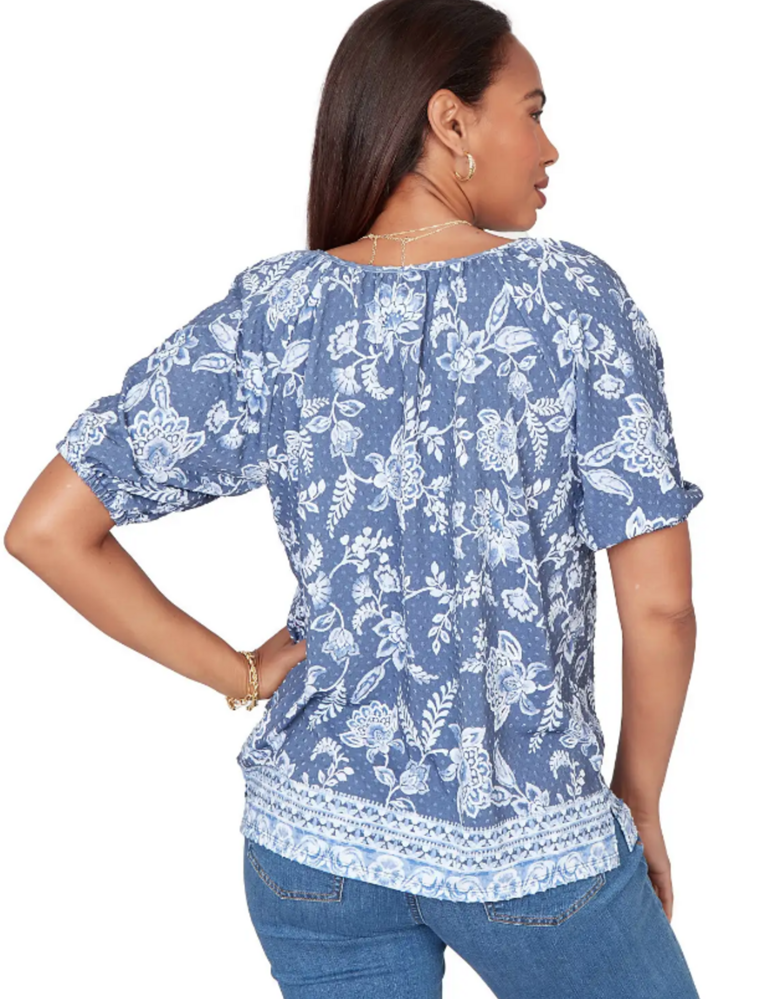 Ruby Road Ruby Road 76751 Navy Floral Petite Key Hole Neck w/Tassels Elastic S/S Top