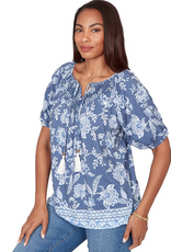 Ruby Road Ruby Road 76751 Navy Floral Petite Key Hole Neck w/Tassels Elastic S/S Top