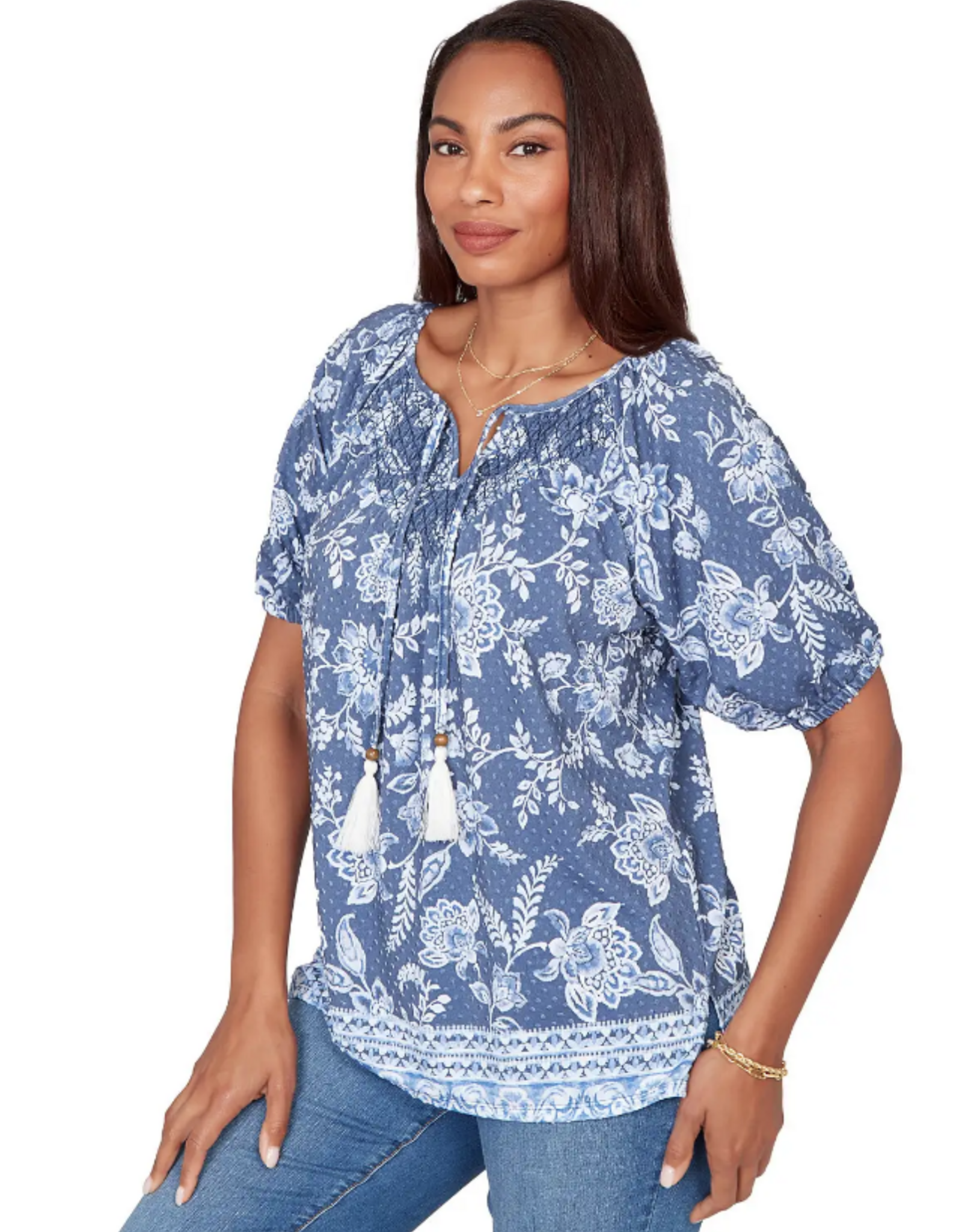 Ruby Road Ruby Road 76751 Navy Floral Petite Key Hole Neck w/Tassels Elastic S/S Top